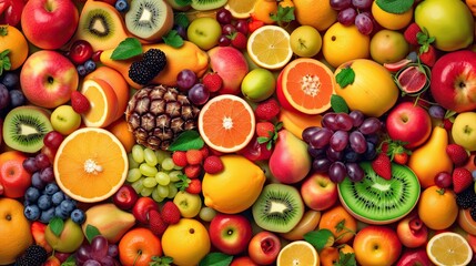Naklejka na ściany i meble Set of juicy summer fruits to use as wallpaper. Generative AI