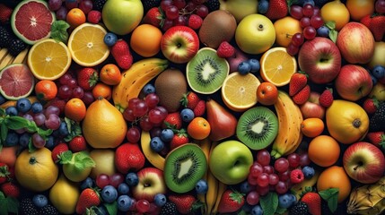 Set of juicy summer fruits to use as wallpaper. Generative AI