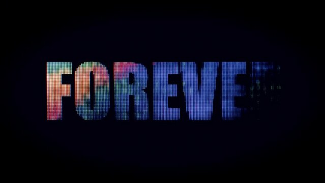 Flashing "forever" sign with colorful lights against a black background