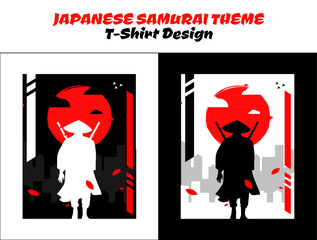Urban samurai. Silhouette japan samurai vector for design t-shirt concept. Samurai with red moon t-shirt design. Samurai Vector Illustration