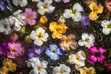 Frühlings- und Sommerblumen in der Aufsicht mit Wassertropfen, ki generated