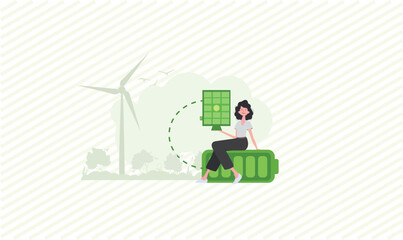 Green energy concept. A woman sits on a battery and holds a solar panel in her hands. Jpg. Trendy style.