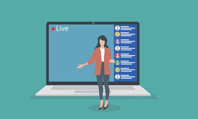 Live streaming event, young woman performing in front of laptop camera, remote activities, stay at home, business presentation, video streaming, video conferencing and online communication.