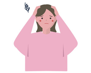 Woman holding head with confusing and anxiety expression. Vector illustration
