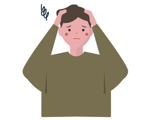  Man holding head with confusing and anxiety expression. Vector illustration 