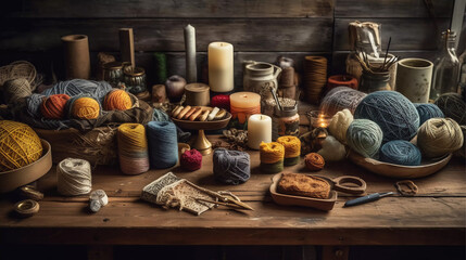Fototapeta na wymiar Eco-friendly Hobbies Sustainable Craft Supplies, Flat Lay - A stimulating image of a variety of environmentally-friendly craft materials, such as natural yarns, beeswax candles Ai Generated