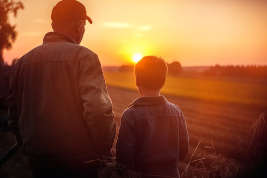 Father farmer with son in front of a sunset agricultural landscape, AI Generated. Man and a boy standing on a farm road . Fatherhood concept. Rural life concept. Country lifestyle and farming.