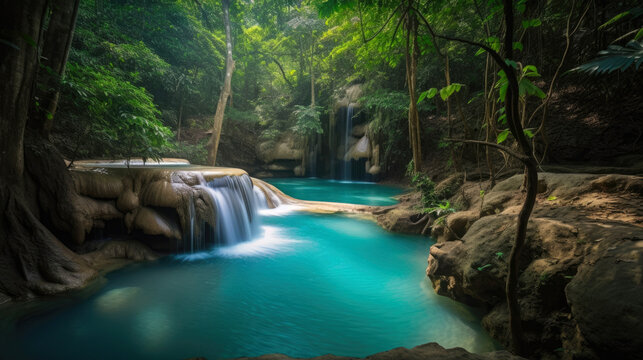 Erawan. Colorful majestic waterfall in national park forest during autumn. Generative AI