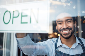 Asian man, small business and portrait smile with open sign on window for service in coffee shop or...