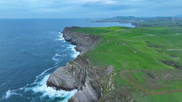 Landscape around the Hermitage of Santa Justa and Tagle beach. Aerial view. Suances Municipality, Cantabrian Sea, Cantabria, Spain, Europe