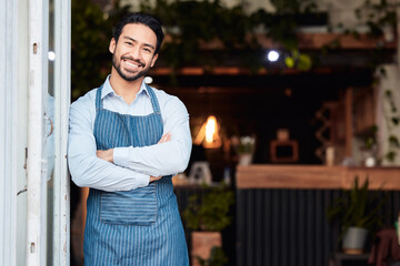 Happy asian man, portrait and arms crossed in small business at restaurant for welcome, service or...