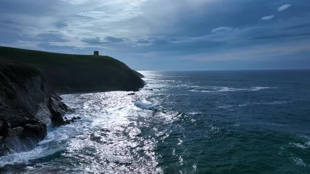 Landscape around the Hermitage of Santa Justa and Tagle beach. Aerial view. Suances Municipality, Cantabrian Sea, Cantabria, Spain, Europe