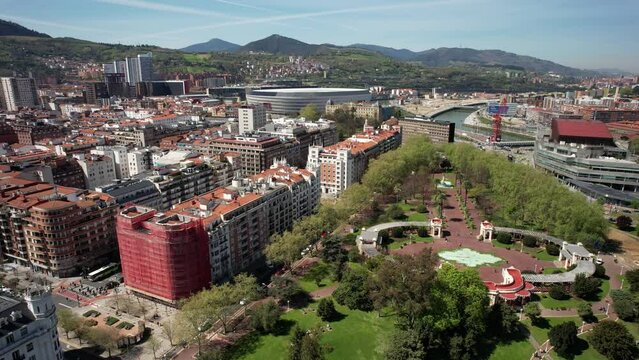 Aerial drone view approaching San Mames football stadium, home of Atletico Bilbao in Bilbao, Basque Country, Spain - home of Atletico Bilbao football club