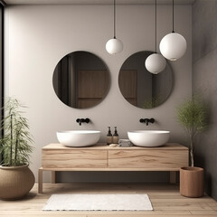 Naklejka na ściany i meble beautiful home interior design powder room contemporary interior design elevation look at counter with basin and dressing mirror home concept, image ai generate
