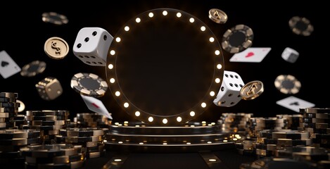 Modern Black, White And Golden Casino Gambling Concept. Empty Space Display With Yellow Neon Lights, Chips, Dices, Cards And Coins On Black Background - 3D Illustration