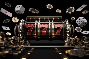 Modern Black, Red And Golden 777 Slot Machine, Chips, Dices, Cards And Coins On Black Background With Neon Lights. Gambling Concept - 3D Illustration - obrazy, fototapety, plakaty