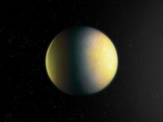 Planet with atmosphere in space, incredible Super-Earth. Far exoplanet from alien star system. Spectacular cosmos background.