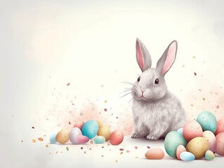 Artist drawing style cute fluffy bunny rabbit for easter surrounded by painted pastel coloured easter eggs