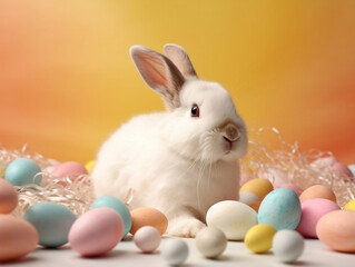 A cute fluffy easter bunny rabbit surrounded by pastel coloured eggs 