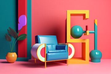 memphis design armchair sofa home interior colourful art yellow room geometric. Generative AI.