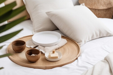 Fototapeta na wymiar table home leaf interior modern bed rattan furniture tray palm design palm. Generative AI.