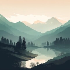 Lake and Mountains landscape, Generative AI