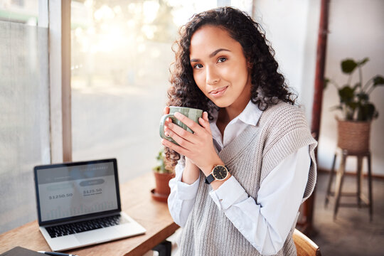 Woman portrait, coffee shop and laptop screen for stock market business, remote work and online financial trading. Biracial person or entrepreneur at Internet cafe, finance ideas and budget planning