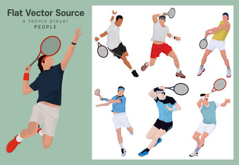 Fototapeta na wymiar A set of positions in which people who play tennis as a hobby, enjoy ball sports passionately while being coached by a professional tennis player