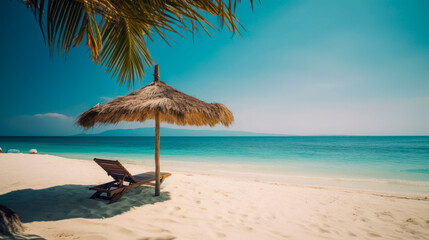 Fototapeta na wymiar Beach loungers under a parasol at the turquoise sea. Vacation, sun, sea, beach and palm trees. Generative AI