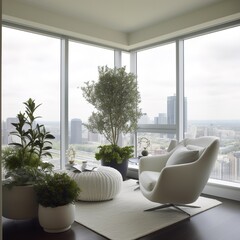 Comfortable room in minimalist style with a view of the city, Generative AI