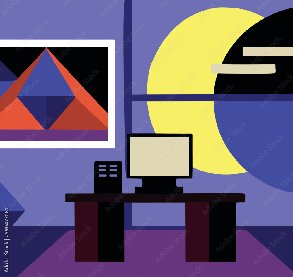 Poster abstract contemporary workspace featuring a computer on a desk near a wall art display