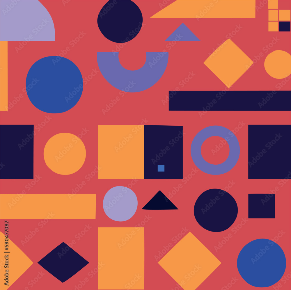 Poster a bright background featuring different colored shapes on a red background