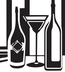 Black and white vector illustration of alcohol bottles and a glass