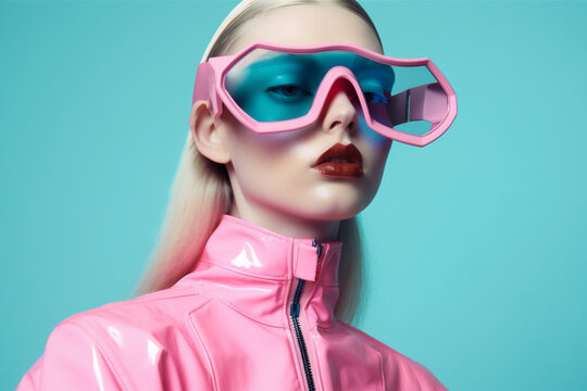 woman portrait creative colourful art hat glasses beauty fashion latex modern. Generative AI.