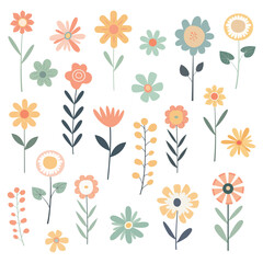 Set of summer meadow flowers. Isolated on white background. Cartoon flat vector illustration