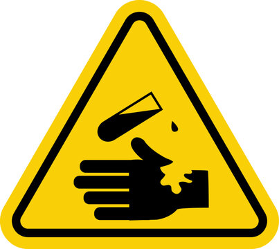 Sign of corrosive substance. Warning sign corrosive substance. Yellow triangle sign with hand icon and test tube inside. Danger, skin burns and eye damage.