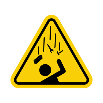 Falling objects danger sign. Falling objects warning sign. Caution, falling objects from a height on construction sites cause injury. Yellow triangle sign with icon of falling tools on a person.