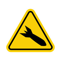 Rocket sign. Rocket warning sign. Yellow triangle with a rocket icon inside. Watch out, bombs. Risk of death. Military area. Hostilities. Rockets are flying. Sign missile.