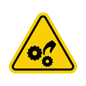 Hand crush sign. Hand injury sign. Pinched hand sign. Warning yellow triangle sign with hand and gear icon. Risk of hand injury. Beware the gear.