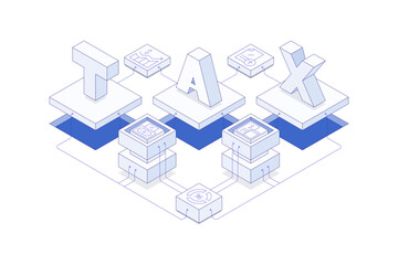 TAX letters in isometric vector modern illustration, with blue thin line on white halftone background. TAX 3D illustration. Isometric vector illustration.