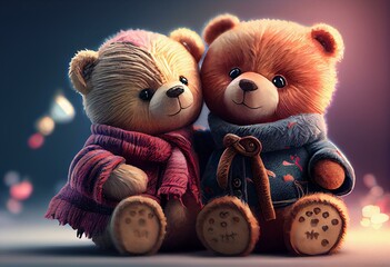 Cute Couple Valentine teddy bear. Watercolor Illustration. Generative AI