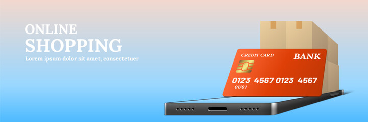 Credit card lean on parcel boxes on phone. Online shopping concept 3d vector.