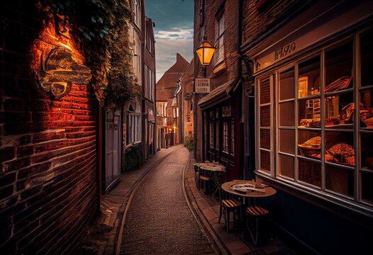 Narrow street with gastronomy in the city center of Valkenburg, Netherlands. Generative AI