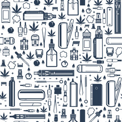 Seamless pattern of icons of electronic cigarettes and accessories. Background for vape shop. Vector illustration. Vape, liquid, cannabis leaf icons. Dark silhouettes on a white background. Vector.