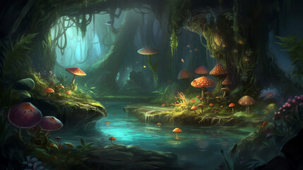 Underground lake and swamp full of mushrooms - Generative AI - obrazy, fototapety, plakaty
