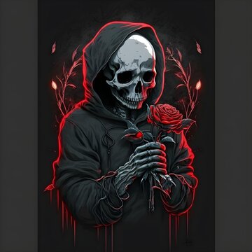 make this minimalistic high quality skeleton wearing a hoodie holding a red lighting rose in his hands the red light on the skull face black backround 