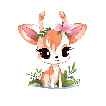 kawaii cartoon animal character design, cute baby springbok , Generative Ai
