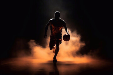 Silhouette of a Man Playing Basketball with Orange Backlight, Generative AI - obrazy, fototapety, plakaty