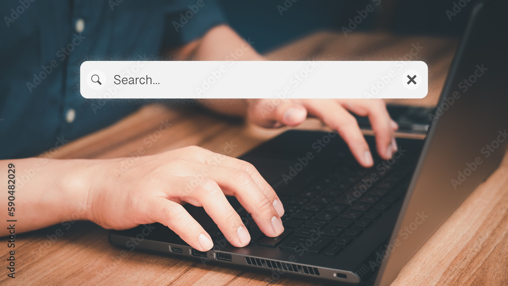 Poster Search engine optimization the internet with search bar. Best SEO search networking, Searching browsing internet data information concept. Man's hand working with laptop computer on table.