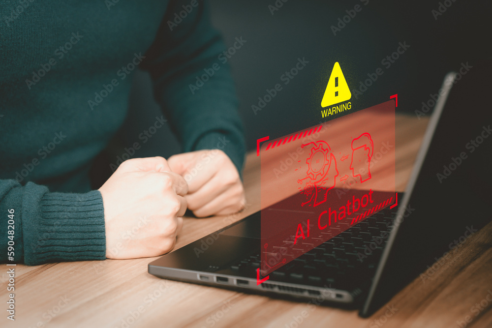 Leinwandbilder AI with Chatbot, Artificial Intelligence. Adult man using laptop chatting with a smart AI using an artificial intelligence chatbot with triangle caution warning sign for notification error concept.